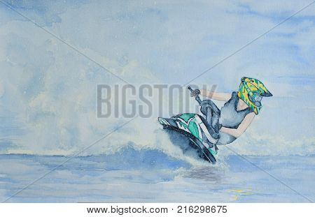Painting of Jet Ski Cornering at Speed lots of Spray