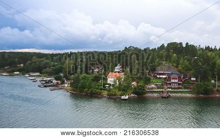 Beautiful Super Wide-angle Panoramic Aerial View Of Stockholm Archipelago, Sweden With Harbor, Seen