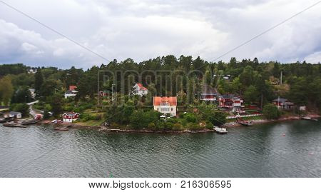 Beautiful Super Wide-angle Panoramic Aerial View Of Stockholm Archipelago, Sweden With Harbor, Seen