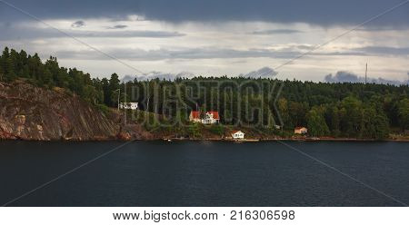 Beautiful Super Wide-angle Panoramic Aerial View Of Stockholm Archipelago, Sweden With Harbor, Seen