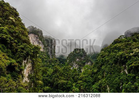 Valley of Mountain with mist on the air sky space in the southern of Thailand