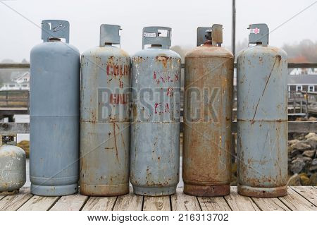 Propane Tanks on Dock with rust and signs of wear