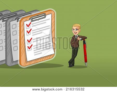 Blonde businessman in brown suit cartoon character design leaning a pen with completed checklists on paper, against green background.