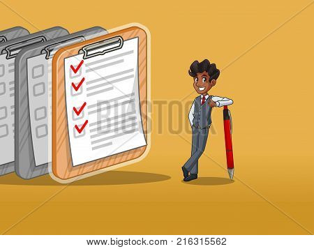 Businessman in vest cartoon character design leaning a pen with completed checklists on paper, against yellow background.