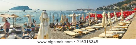 Budva, Montenegro - August 27, 2017: Panorama of the modern beach town of Budva, Montenegro, Europe. Budva is one of the best and most popular resorts of the Adriatic Riviera.