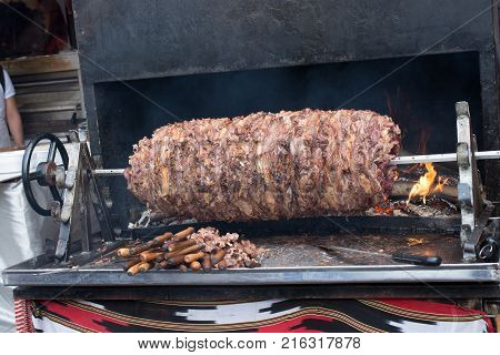 Turkish Cag Kebab On Pole In Horizontal Position