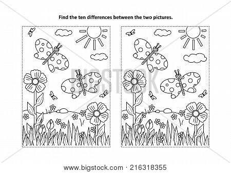 Spring or summer joy themed find the ten differences picture puzzle and coloring page with butterflies, flowers, grass.