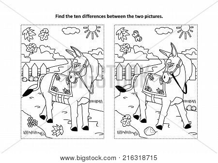 Find the ten differences picture puzzle and coloring page with donkey or burro walking at rural scene