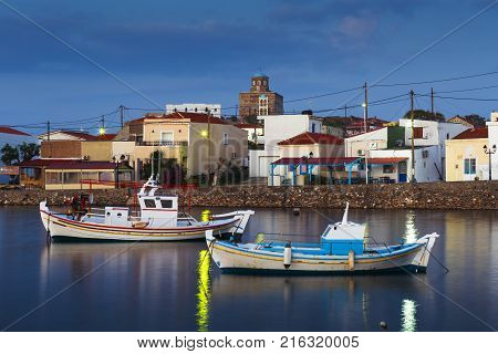 PSARA, GREECE - NOVEMBER 9, 2017: Morning view of Psara village and its harbour on November 9, 2017.