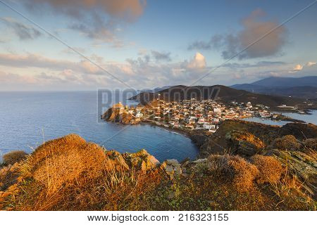 Morning view of Psara village and Agios Nikolaos church.