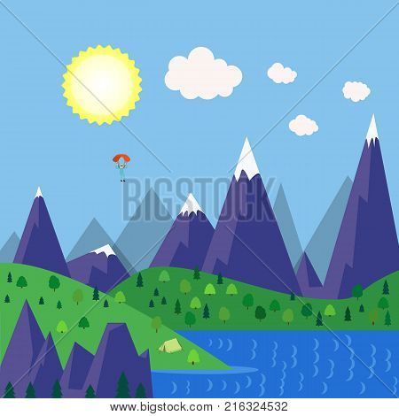 Forest camping travel landscape with tent and paraplanerist. Summer camp place.