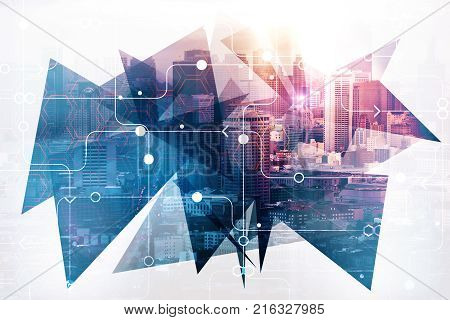 Abstract circuit city background. Urban technology concept. Double exposure