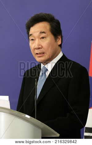 Sofia Bulgaria - 30 Octomber 2017: Prime Minister of the Republic of Korea Lee Nak-yeon speaks at a press conference after meating his Bulgarian counterpart at Council of Ministers.