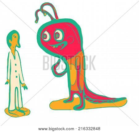 A picture of a monster talking to a man