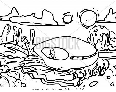 A picture of an alien taking a ride in a water ufo