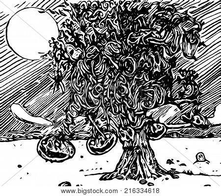 A picture o Halloween pumpkins growing from a tree illustration