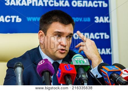 Uzhgorod Ukraine - December 1 2017: Minister of Foreign Affairs of Ukraine Pavel Klimkin answers questions from journalists during a press conference as part of a working visit to Transcarpathia.