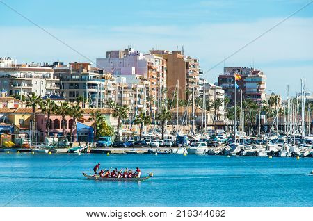 Dragon Boat Racing in Torrevieja Harbour Spain. 11 november 2017