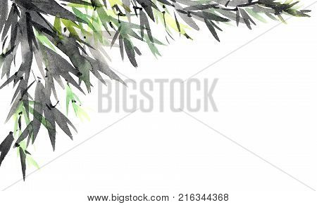 Watercolor and ink illustration of tree foliage. Oriental traditional paintind u-sin sumi-e.