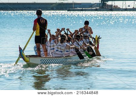 Dragon Boat Racing in Torrevieja Harbour Spain. 11 november 2017