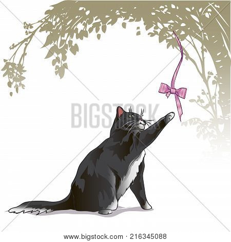 cute cartoon cat playing with bow. kittens looking up to bow on rope. Cute cartoon funny character. Playing animal set. Adopt me.