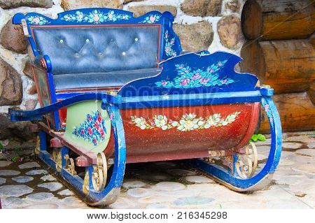Russia Moscow Izmaylovsky Park August 27 2017. International Photo Festival.Ancient sledges. Russian sledges of the nineteenth century. Ancient painted sledges. Retro sleigh