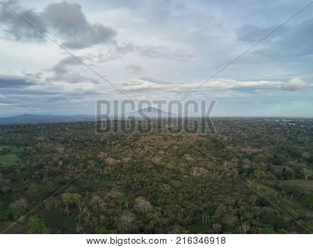 Nicaragua aerial landscape with mombacho volcano. Rainforest view from drone