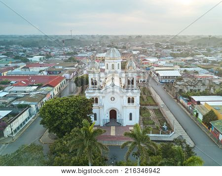 Cityscpe of diriamba city in Nicaragua. Church in center on Diriamba aerial view