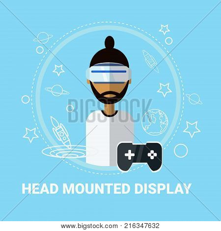 Head Mounted Display Man Wearing Virtual Reality Headset Modern Gaming Technology Concept Vector Illustration