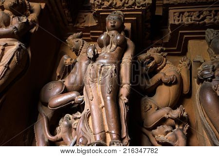 Details of interior of Lakshmana Temple in Khajuraho. Sculptures and relieves with mythological motives of Hinduism