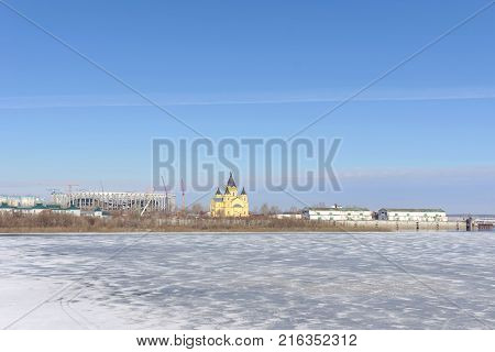 Nizhny Novgorod, Russia. - March 14.2017. The Cathedral of Alexander Nevsky. View with spring ice on the Oka in the foreground from the Kanavinsky Bridge.