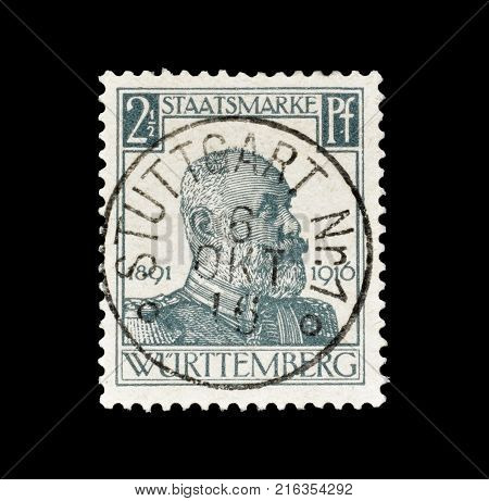 GERMANY - CIRCA 1916 : Postage stamp printed by Germany, Wurtemberg, that shows portrait of king Wilhelm II.