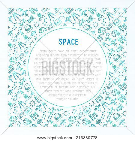 Space concept with thin line icons: rocket, Earth, lunar rover, space station, teelscope,alien,meteorite. Modern vector illustration for banner, print media, web page.