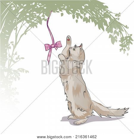 cute cartoon cat playing with bow. kittens looking up to bow on rope. Cute cartoon funny character. Playing animal set. Adopt me.