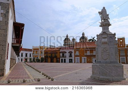 The historic Plaza de la Aduana in the colonial center of Cartagena, Colombia
