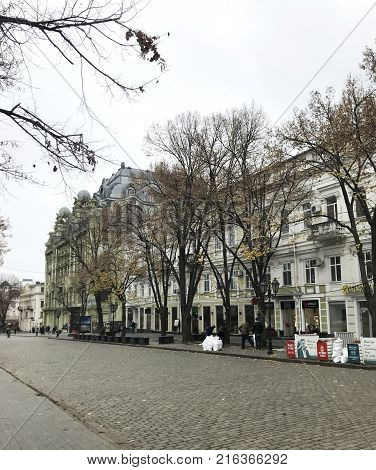Odessa Ukraine - November 17 2017: Deribasovskaya Street Big Moscow Hotel. Deribasovskaya Street Is 