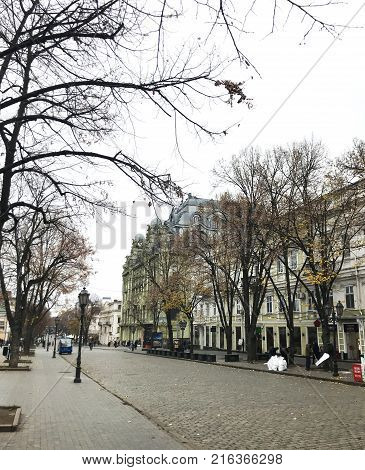 Odessa Ukraine - November 17 2017: Deribasovskaya Street Big Moscow Hotel. Deribasovskaya Street Is 