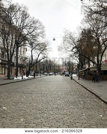 Odessa Ukraine - November 17 2017: Deribasovskaya Street Big Moscow Hotel. Deribasovskaya Street Is 