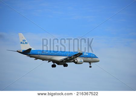 Amsterdam the Netherlands - July 15th 2016: PH-EZR KLM Cityhopper Embraer ERJ-190STD approaching Polderbaan runway at Schiphol Amsterdam Airport arriving from Bilbao Spain