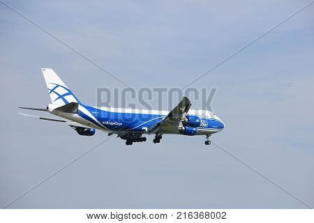 Amsterdam the Netherlands - July 21st 2016:VQ-BGZ AirBridgeCargo Boeing 747 approaching Polderbaan runway at Schiphol Amsterdam Airport arriving from Moscow Russia