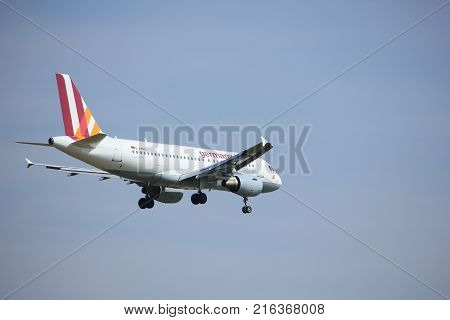 Amsterdam the Netherlands - July 21st 2016: D-AKNO Germanwings Airbus A319 approaching Polderbaan runway at Schiphol Amsterdam Airport arriving from stuttgard Germany