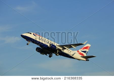 Amsterdam the Netherlands - June 1st 2017: G-LCYD BA CityFlyer Embraer ERJ-170STD taking off from Polderbaan Runway Amsterdam Airport Schiphol