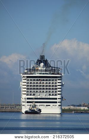 Velsen The Netherlands - september 23rd 2017: MSC Preziosa a cruise ship owned and operated by MSC Cruises on North Sea Canal