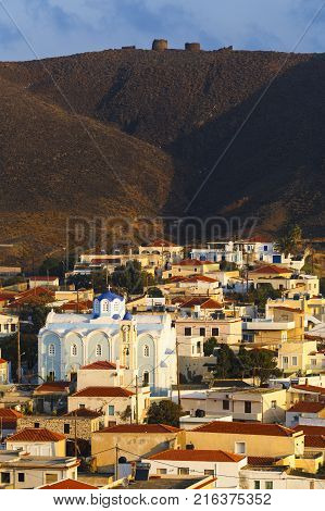 PSARA, GREECE - NOVEMBER 9, 2017: Morning view of Psara village on Psara island on November 9, 2017.