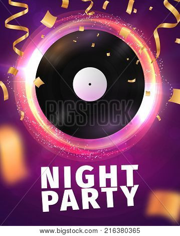 Disco dance celebration abstract banner . Retro vinyl on bright background with light effects and confetti. Vector illustration