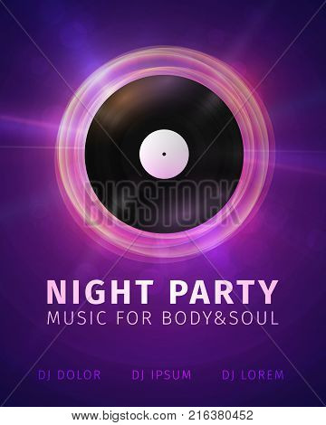 Abstract banner celebrating night party background. Retro vinyl disc on bright lights backdrop vector illustration .