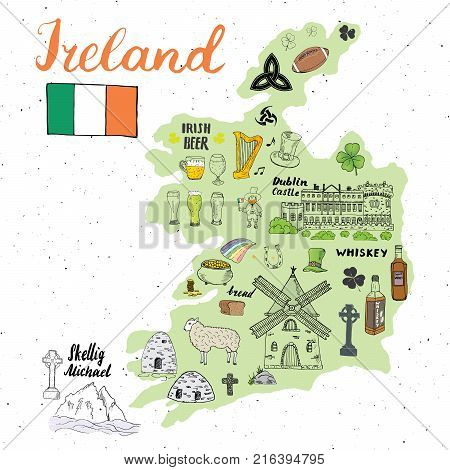 Ireland Sketch Doodles Seamless Pattern. Irish Elements with flag and map of Ireland Celtic Cross Castle Shamrock Celtic Harp Mill and Sheep Whiskey Bottles and Irish Beer Vector Illustration.