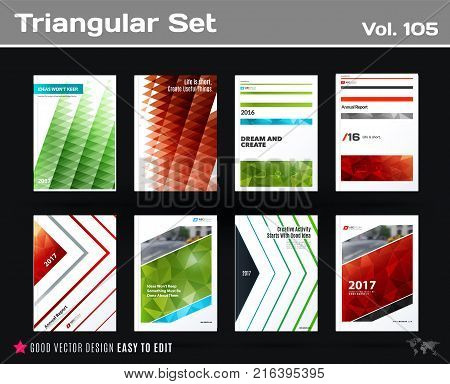 Set of design of business vector template, brochure, abstract annual report, cover, flyer in A4 with olourful round, soft, triangular shapes, abstract lines for finance, teamwork with background.