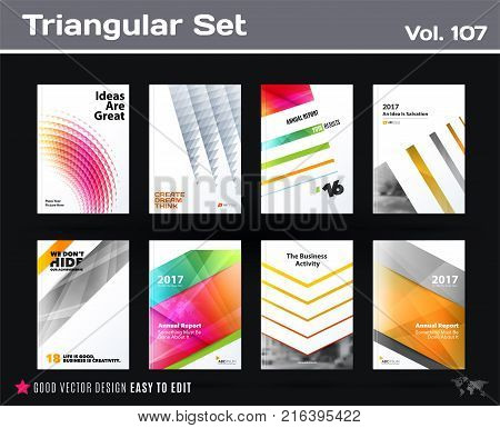 Set of design of business vector template, brochure, abstract annual report, cover, flyer in A4 with olourful round, soft, triangular shapes, abstract lines for finance, teamwork with background.