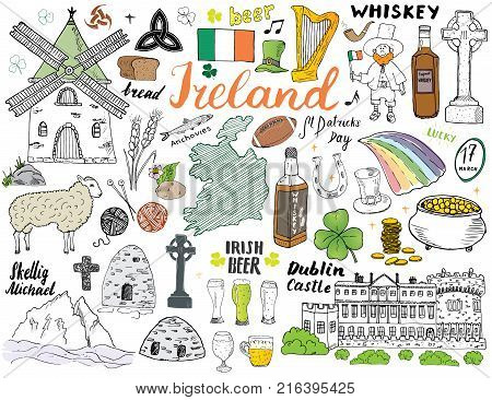 Ireland Sketch Doodles Seamless Pattern. Irish Elements with flag and map of Ireland Celtic Cross Castle Shamrock Celtic Harp Mill and Sheep Whiskey Bottles and Irish Beer Vector Illustration.